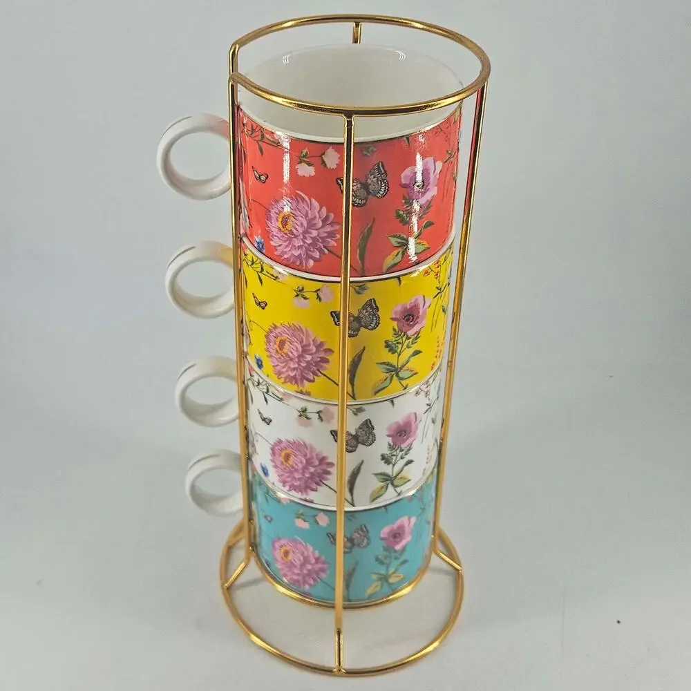 Grace's Teaware Flowers Butterfly Stacking Mug Set 4 Wire Rack